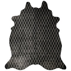 Silver Metallic Diamond Pattern Black Cowhide Rug, Large