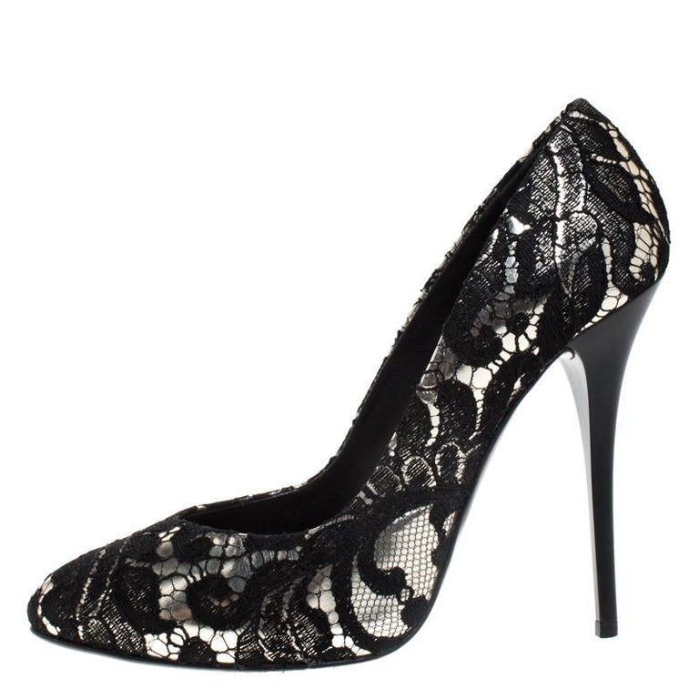 Silver Metallic Leather and Black Lace Pumps Size 38 For Sale at 1stDibs