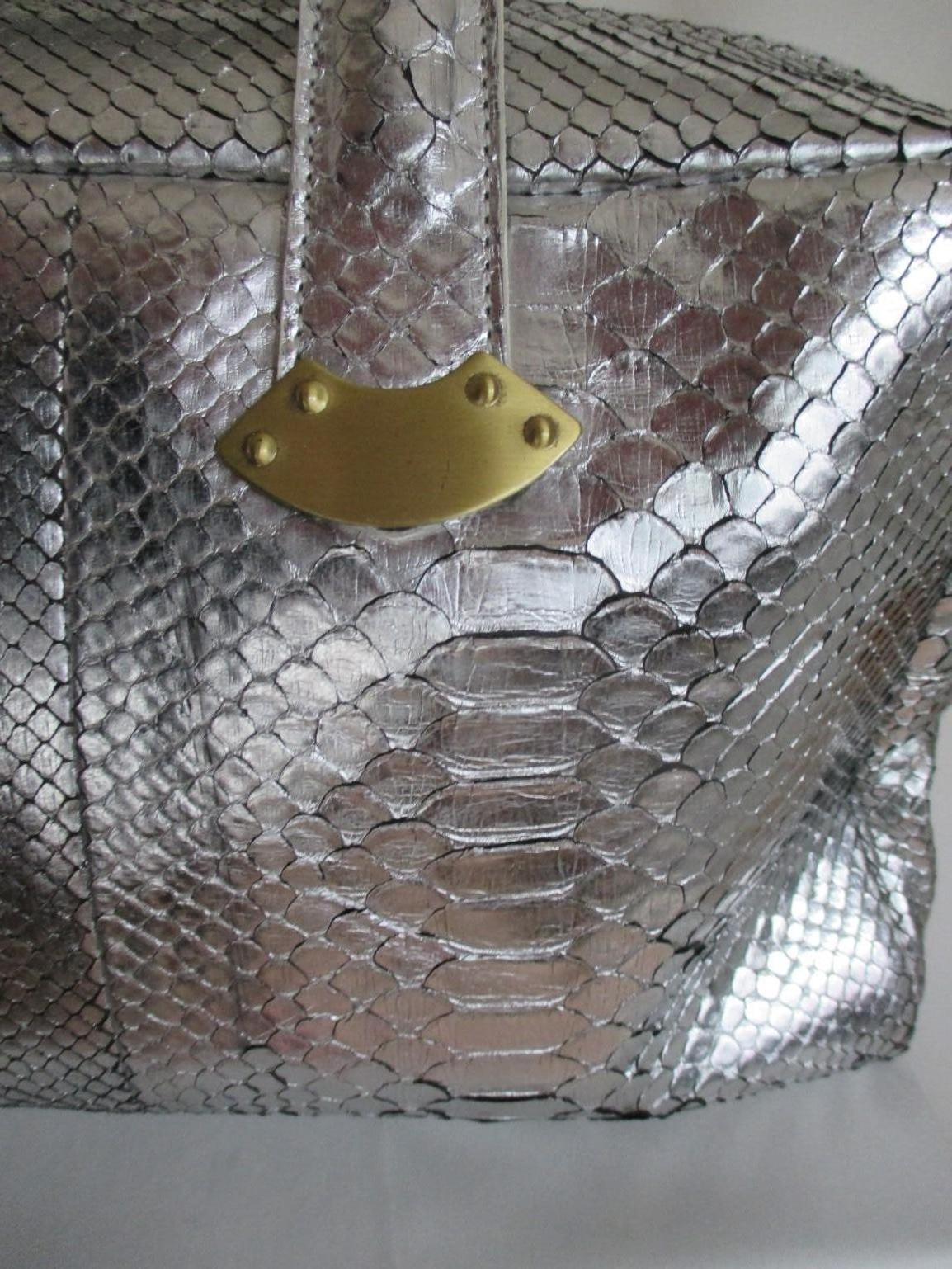 Silver Metallic Exotic skin Leather Handbag For Sale 3