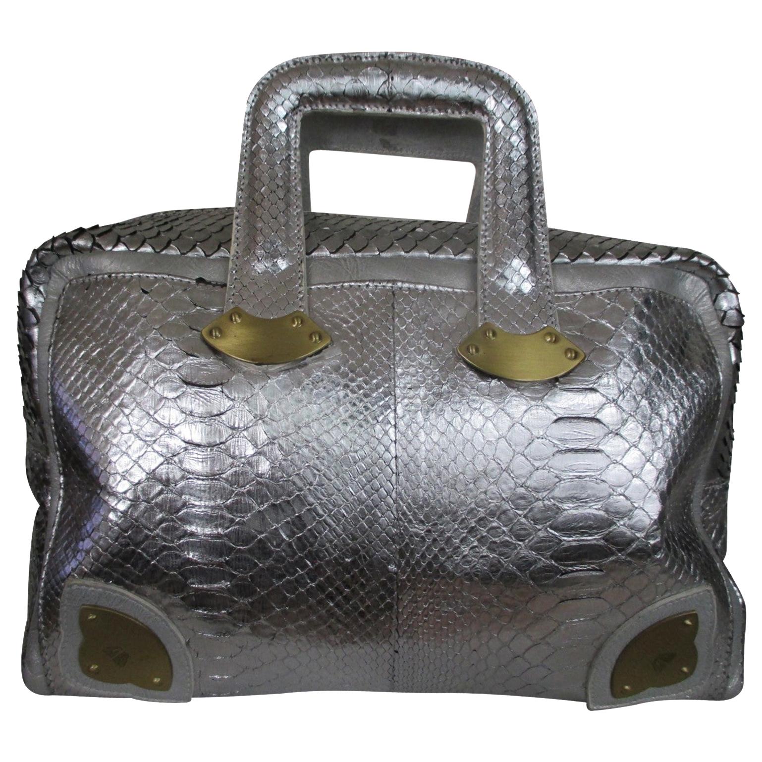 Silver Metallic Exotic skin Leather Handbag