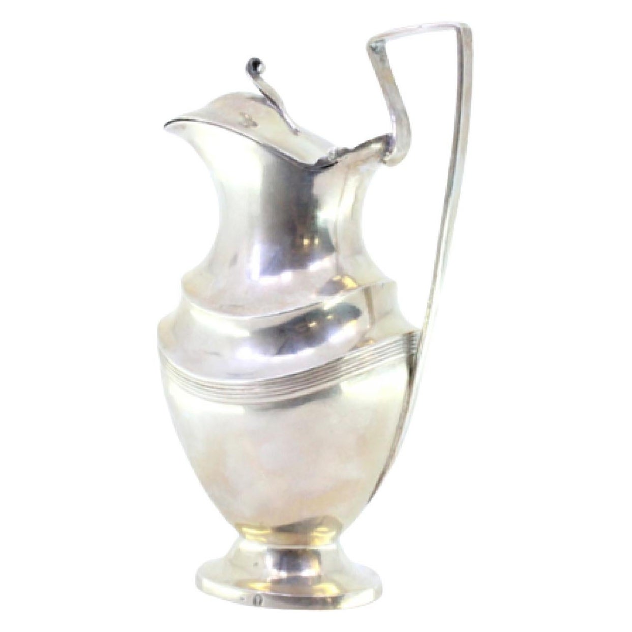 Silver milk jug with knob on the hinged lid and strips on the circular base