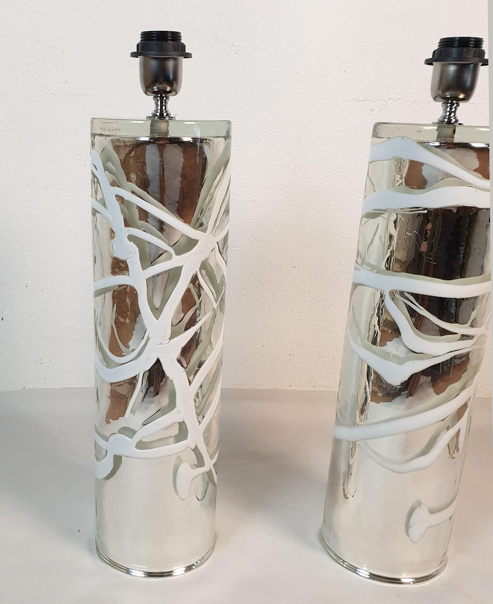 Mid-Century Modern Pair of Mid Century Modern Silver Murano glass Table Lamps  For Sale