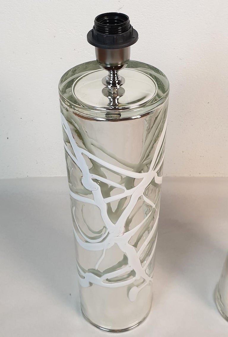 Silver & White Murano Table Lamps Venini Style In Excellent Condition For Sale In Dallas, TX