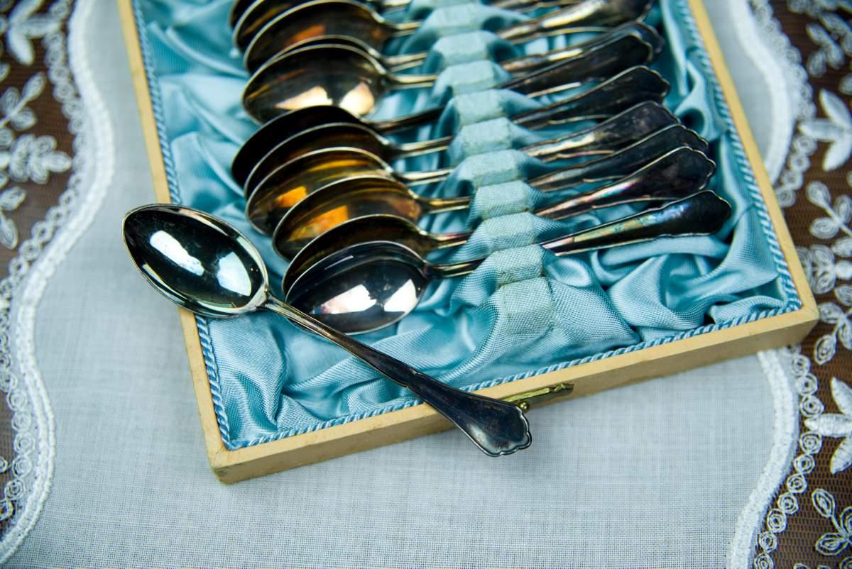 20th Century Silver Mocha Teaspoons, 12 Pieces, Year 1948 For Sale