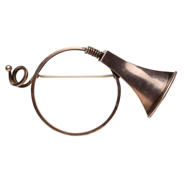 Silver Modernist French Horn Brooch