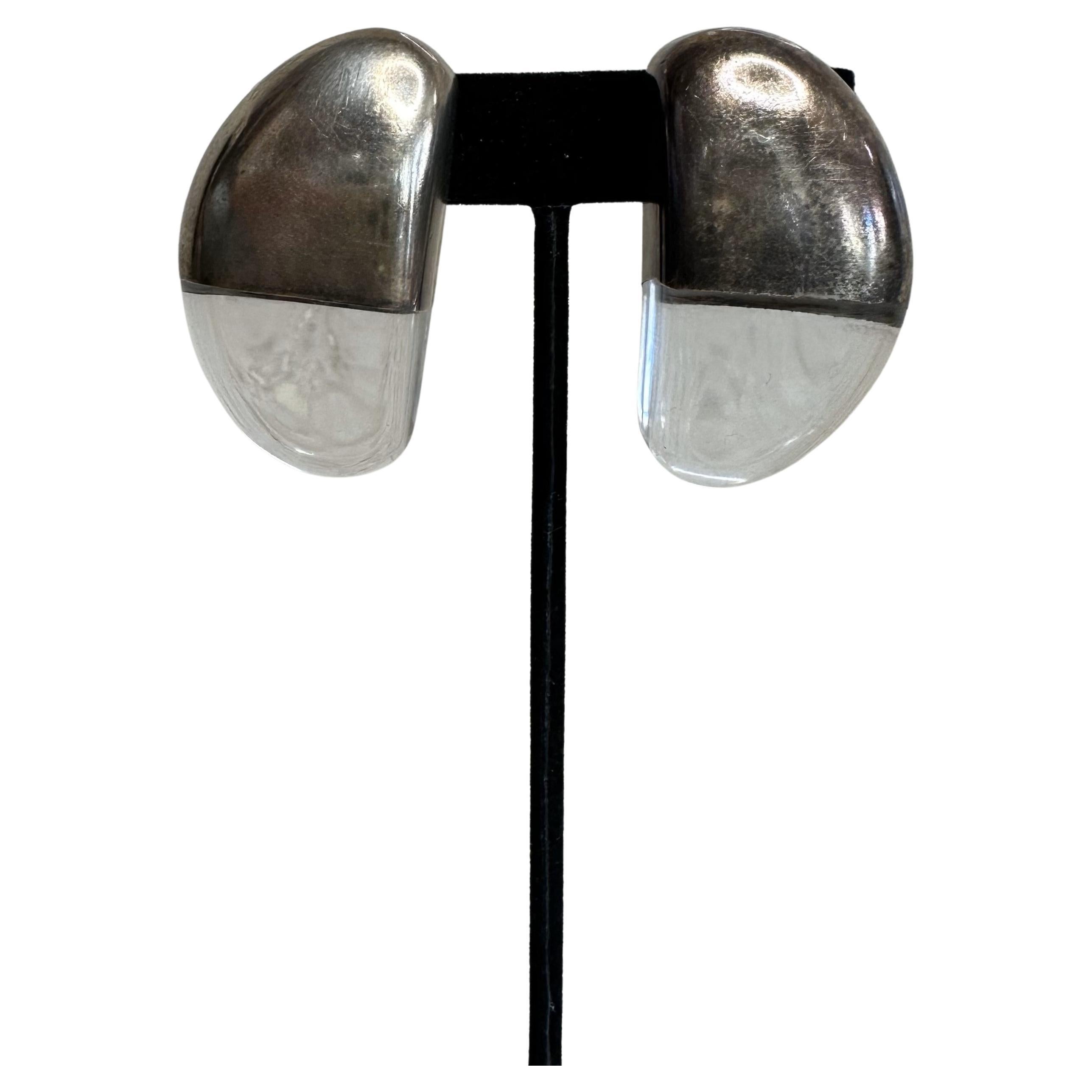 Vintage Boho Silver Moon Lucite Earrings For Sale