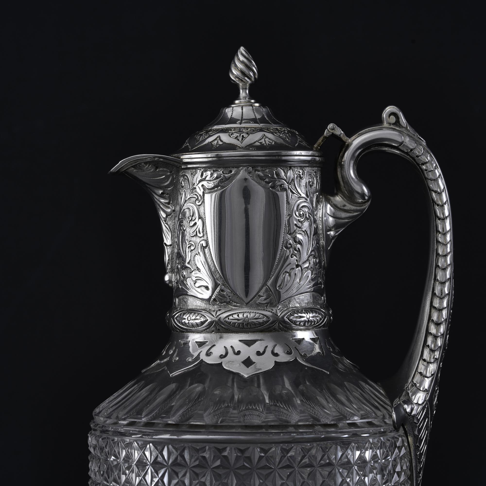 Victorian Silver-mounted antique cut glass wine jug For Sale
