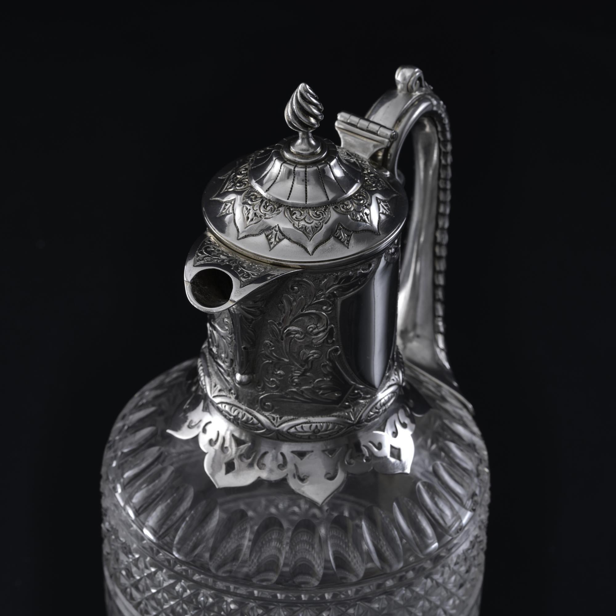 British Silver-mounted antique cut glass wine jug For Sale