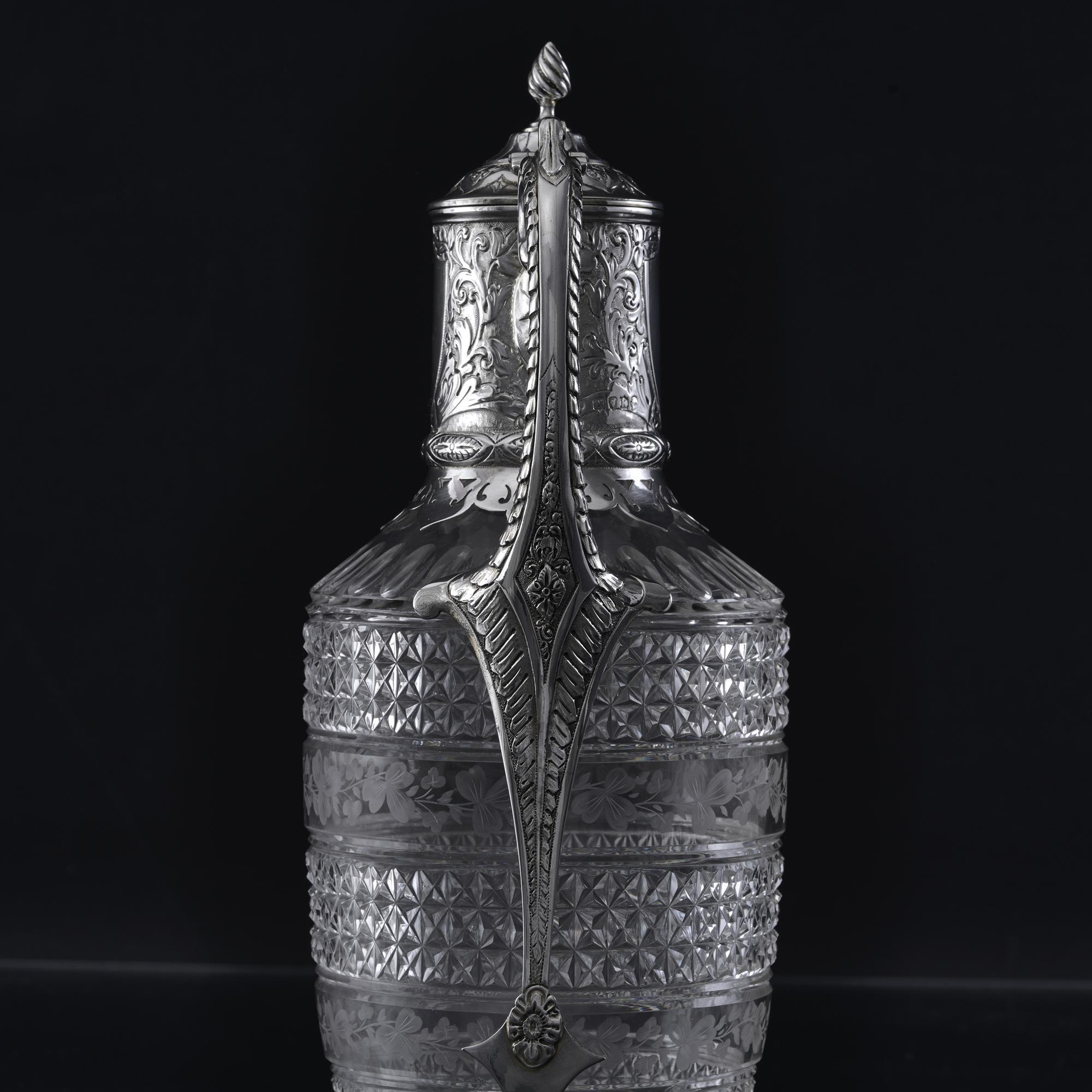 19th Century Silver-mounted antique cut glass wine jug For Sale