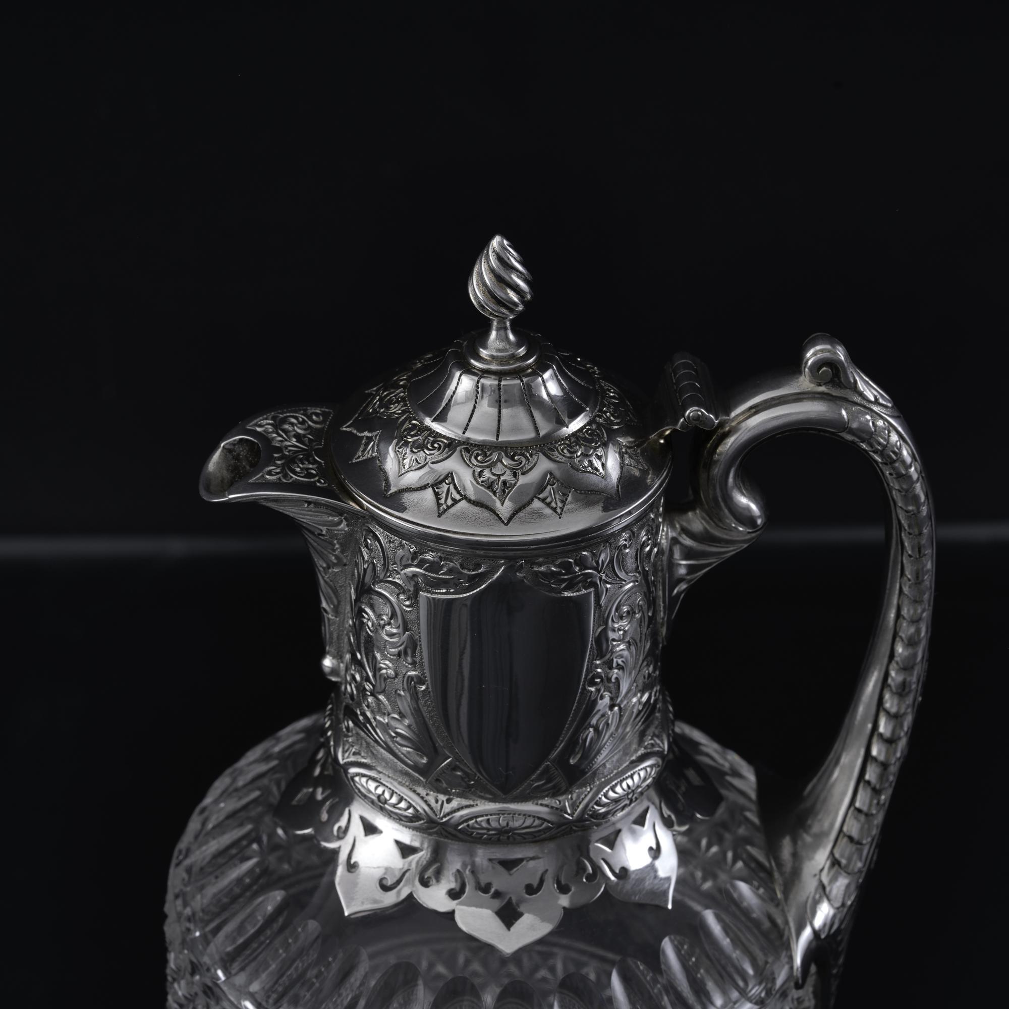 Sterling Silver Silver-mounted antique cut glass wine jug For Sale