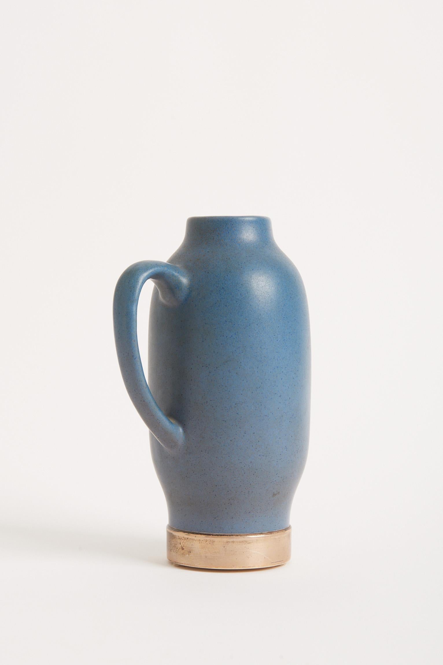 Mid-Century Modern Silver Mounted Blue Ceramic Jug