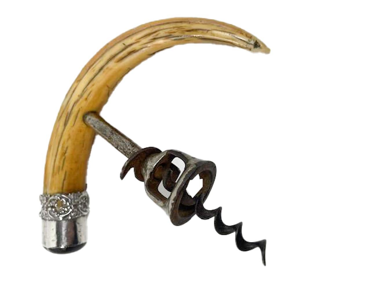 Silver Mounted Boar's Tusk Corkscrew Marked 