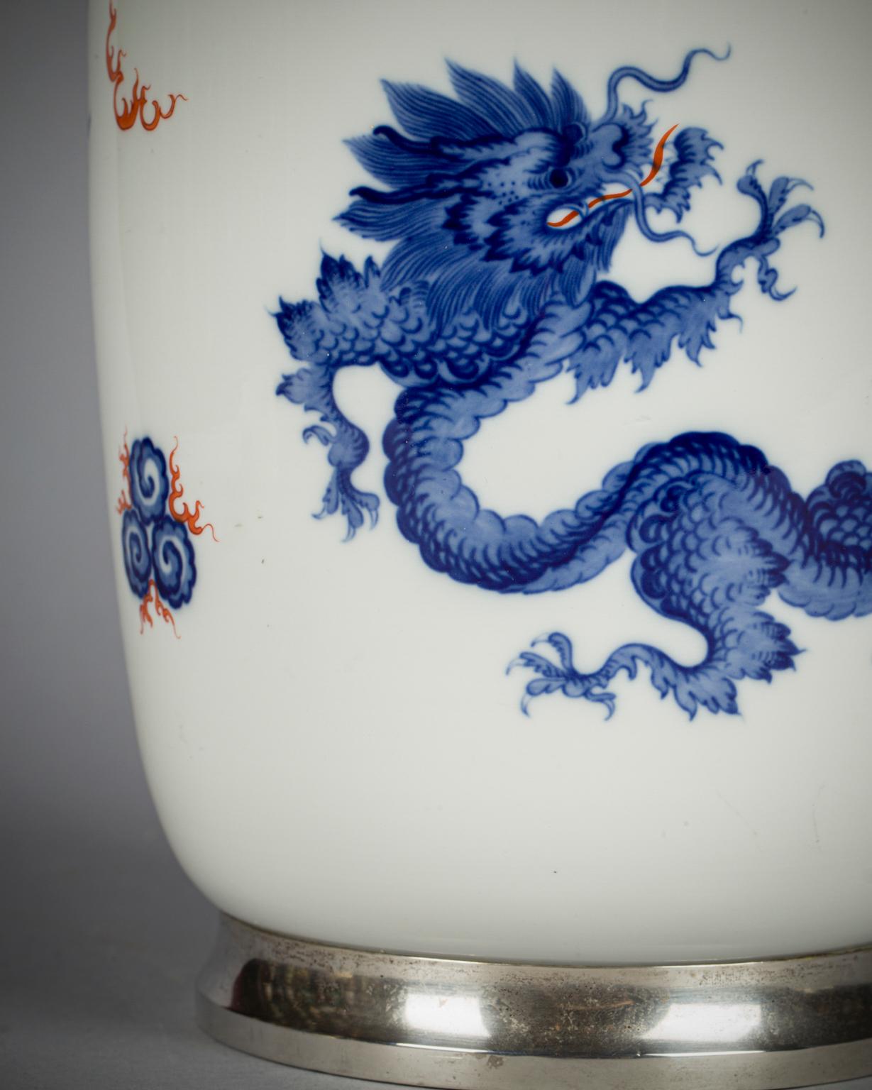 Early 20th Century Silver Mounted German Porcelain Meissen Dragon Vase, circa 1920 For Sale