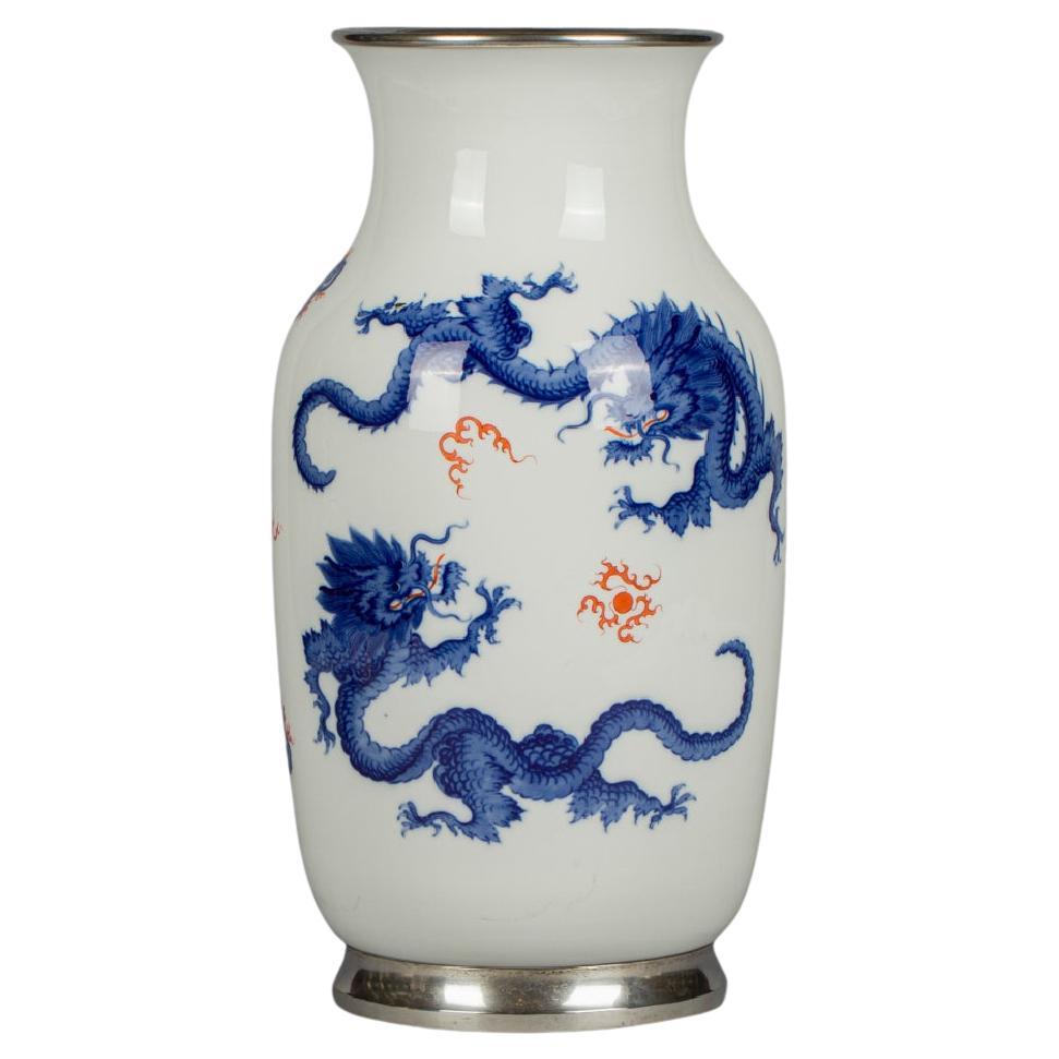 Silver Mounted German Porcelain Meissen Dragon Vase, circa 1920 For Sale