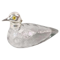 Silver-Mounted Glass Duck Inkwell, Antique English Art Nouveau Style Itay