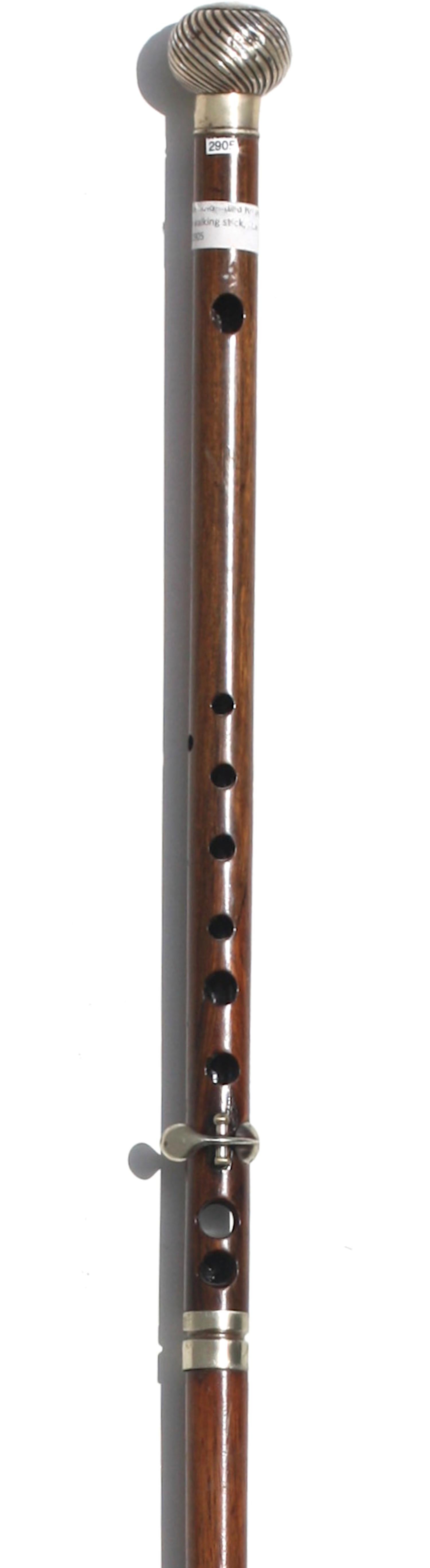 20th Century Silver-Mounted Rosewood Metamorphic Flute Gentlemens Walking Stick For Sale