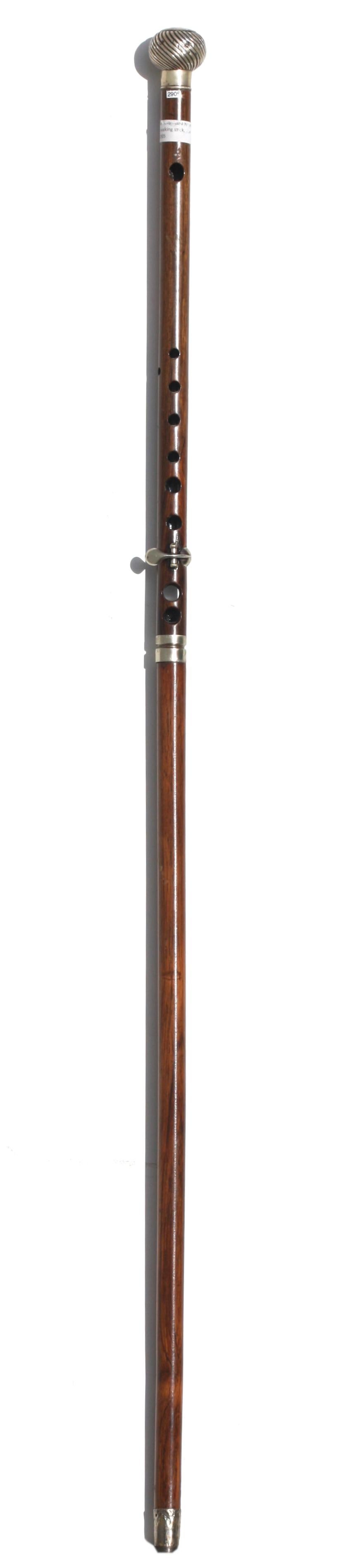 Wood Silver-Mounted Rosewood Metamorphic Flute Gentlemens Walking Stick For Sale