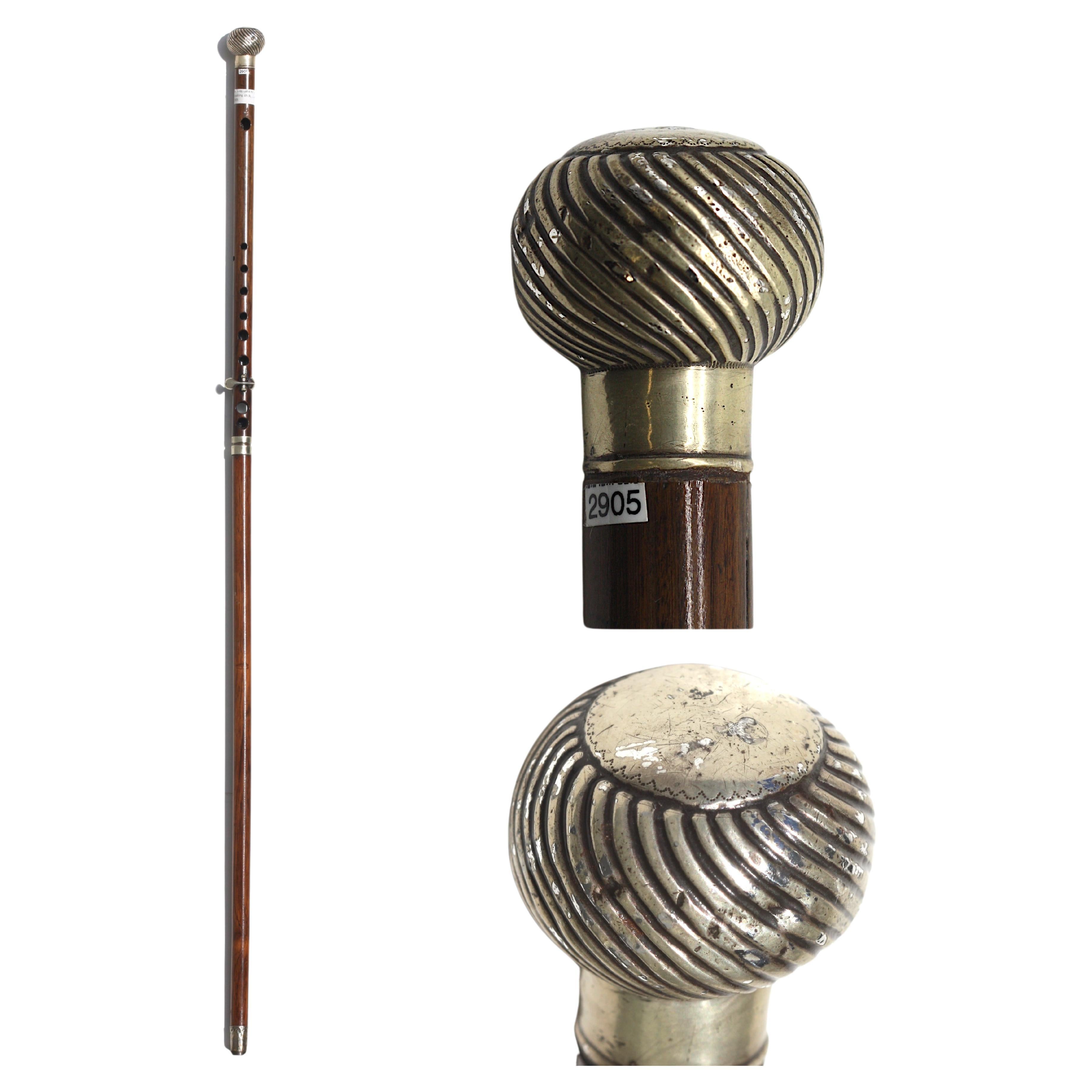 Silver-Mounted Rosewood Metamorphic Flute Gentlemens Walking Stick For Sale