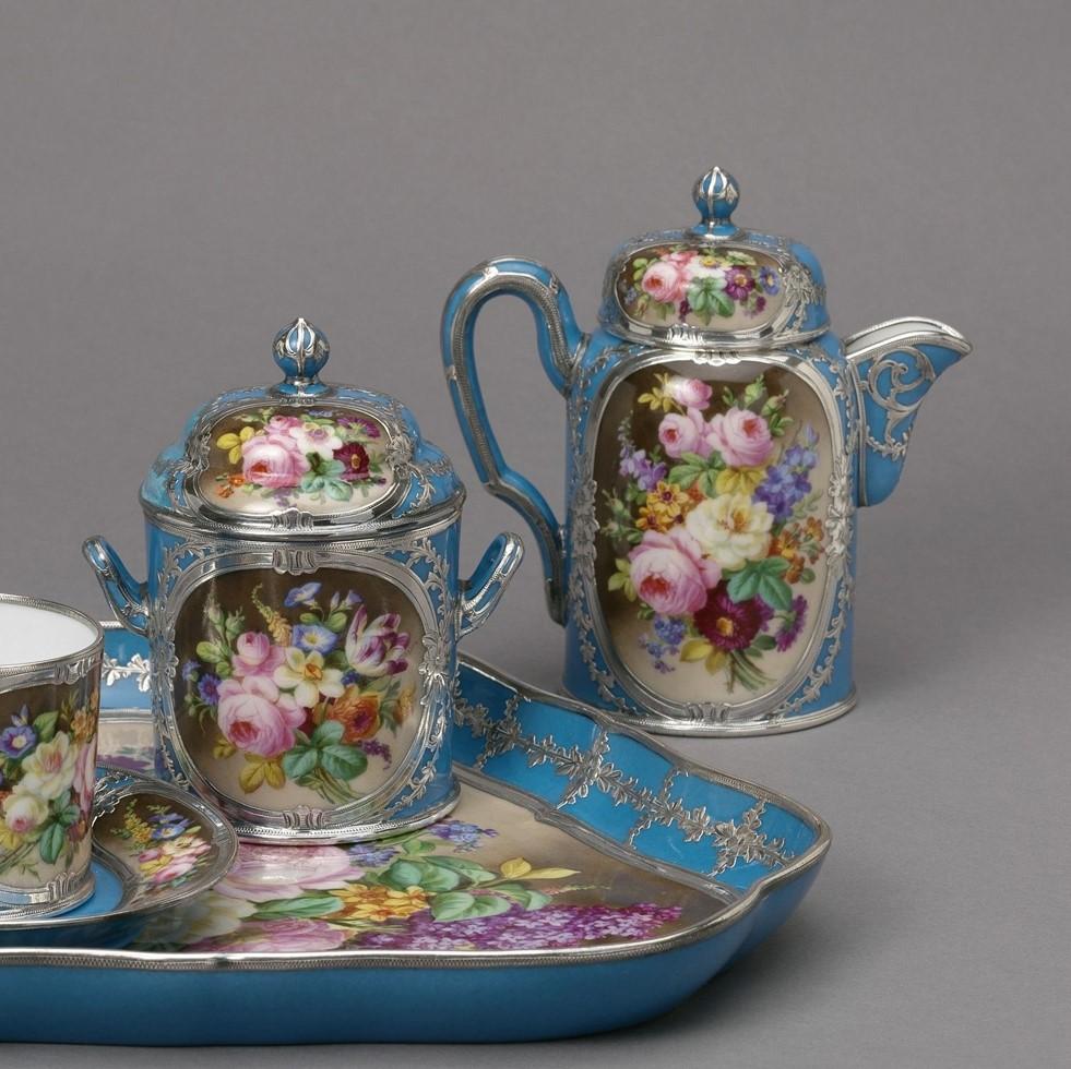 A fine silver mounted Sèvres- style porcelain cabaret set.

The Sèvres Porcelain Manufactory was founded to the east of Paris in the disused Royal Château of Vincennes, late in 1739-1740. And moved to the village of Sèvres, west of Paris in 1756,