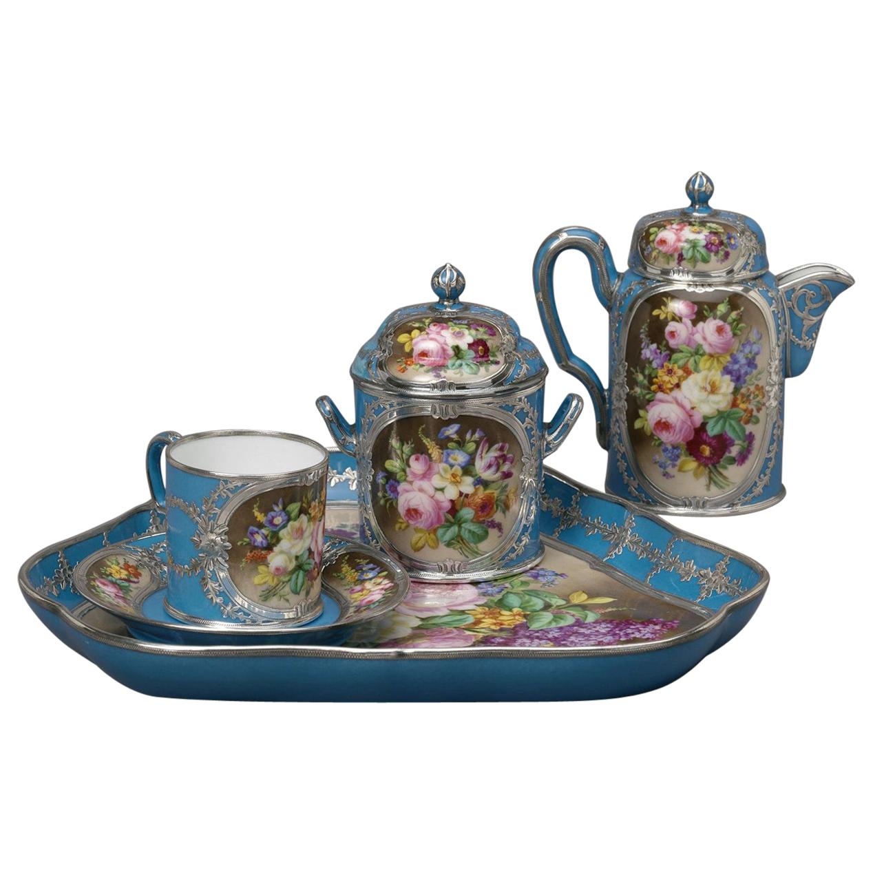 Silver Mounted Sèvres-style Porcelain Cabaret Set, French, circa 1880 For Sale