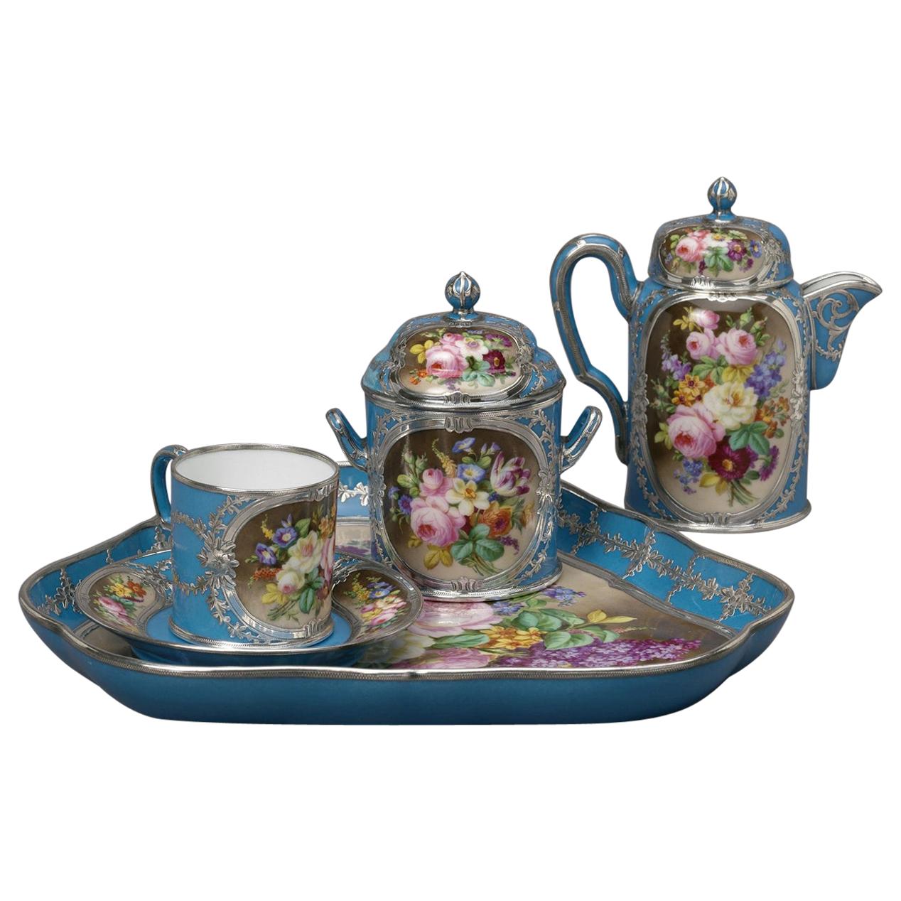 Service de cabaret en porcelaine de style Sèvres monté sur argent, français, vers 1880