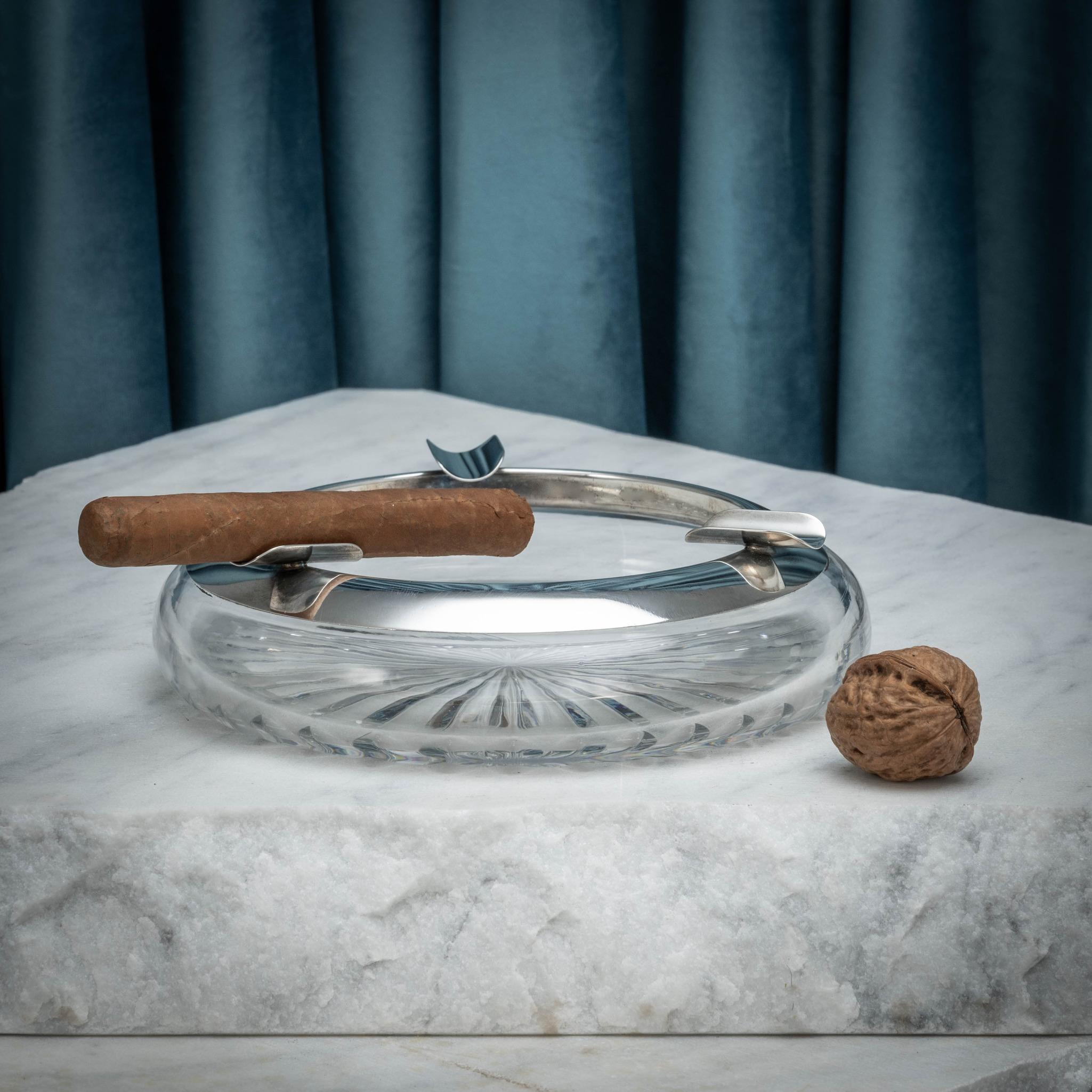 German Silver Mounted Three Rest Cut Glass Cigar Ashtray, circa 1935