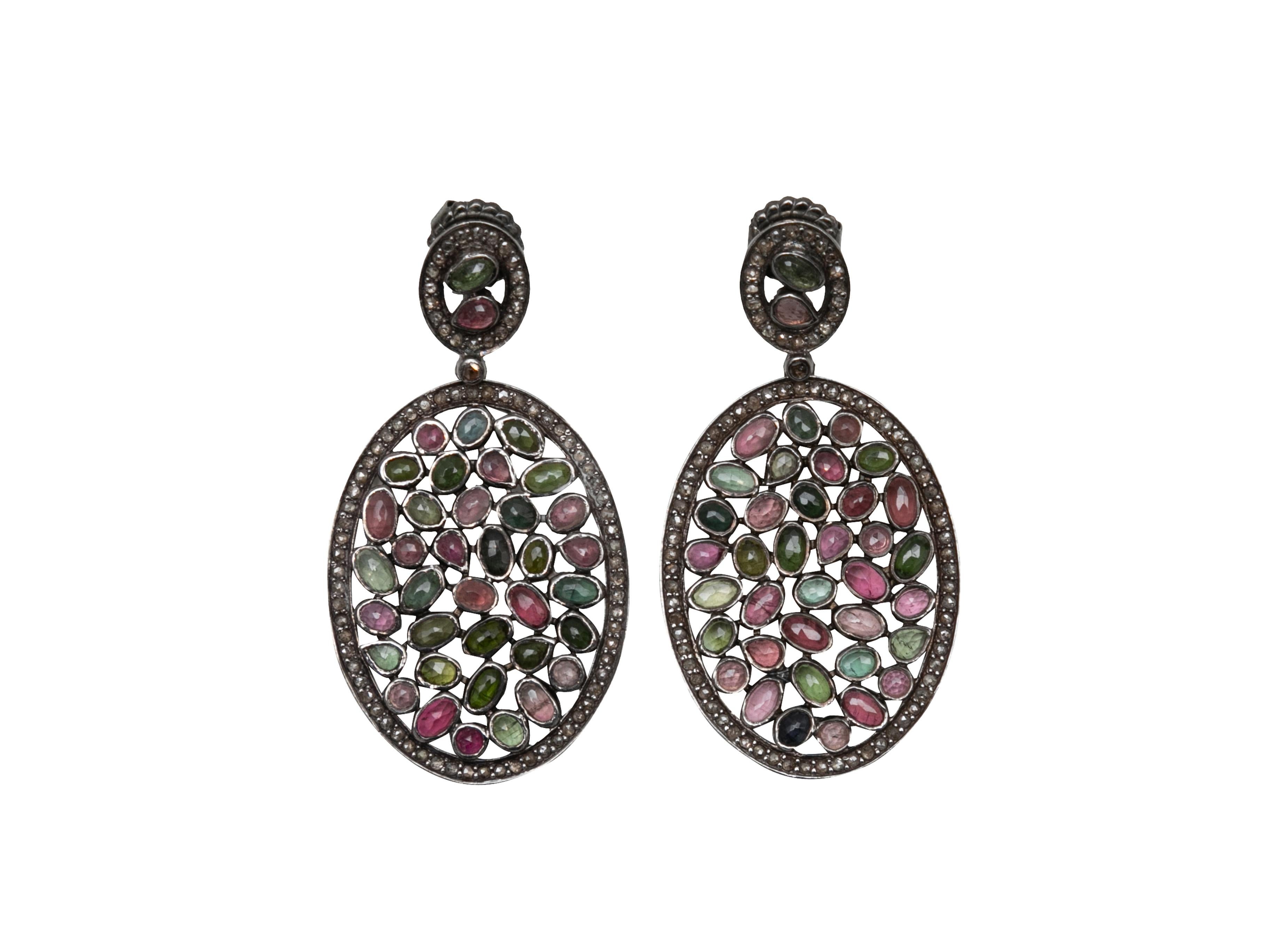 Rose Cut Silver & Multicolor Bavna Diamond & Gemstone Pierced Earrings For Sale