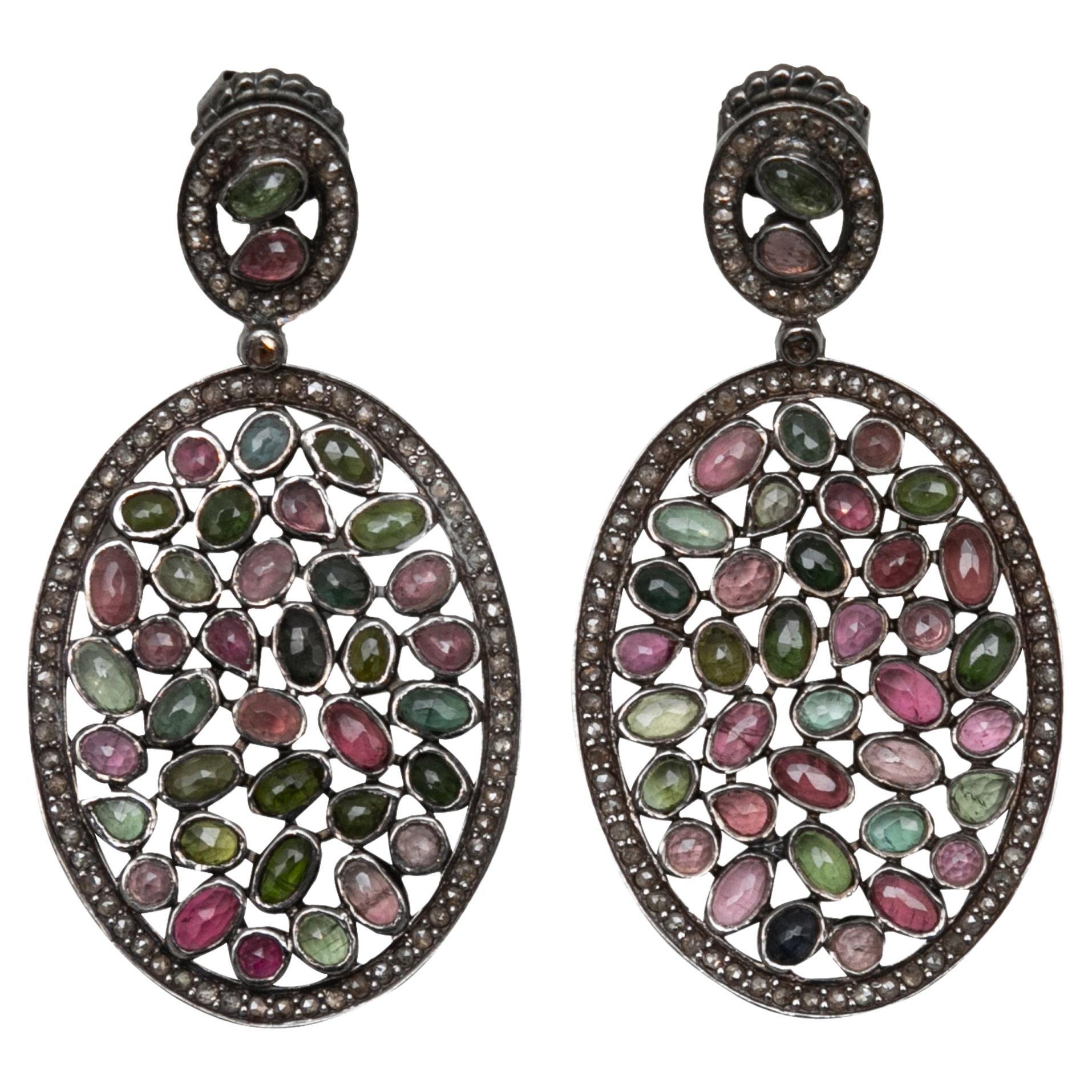 A Silver & Multicolor Bavna Boucles d'oreilles Pierce avec diamants et pierres précieuses