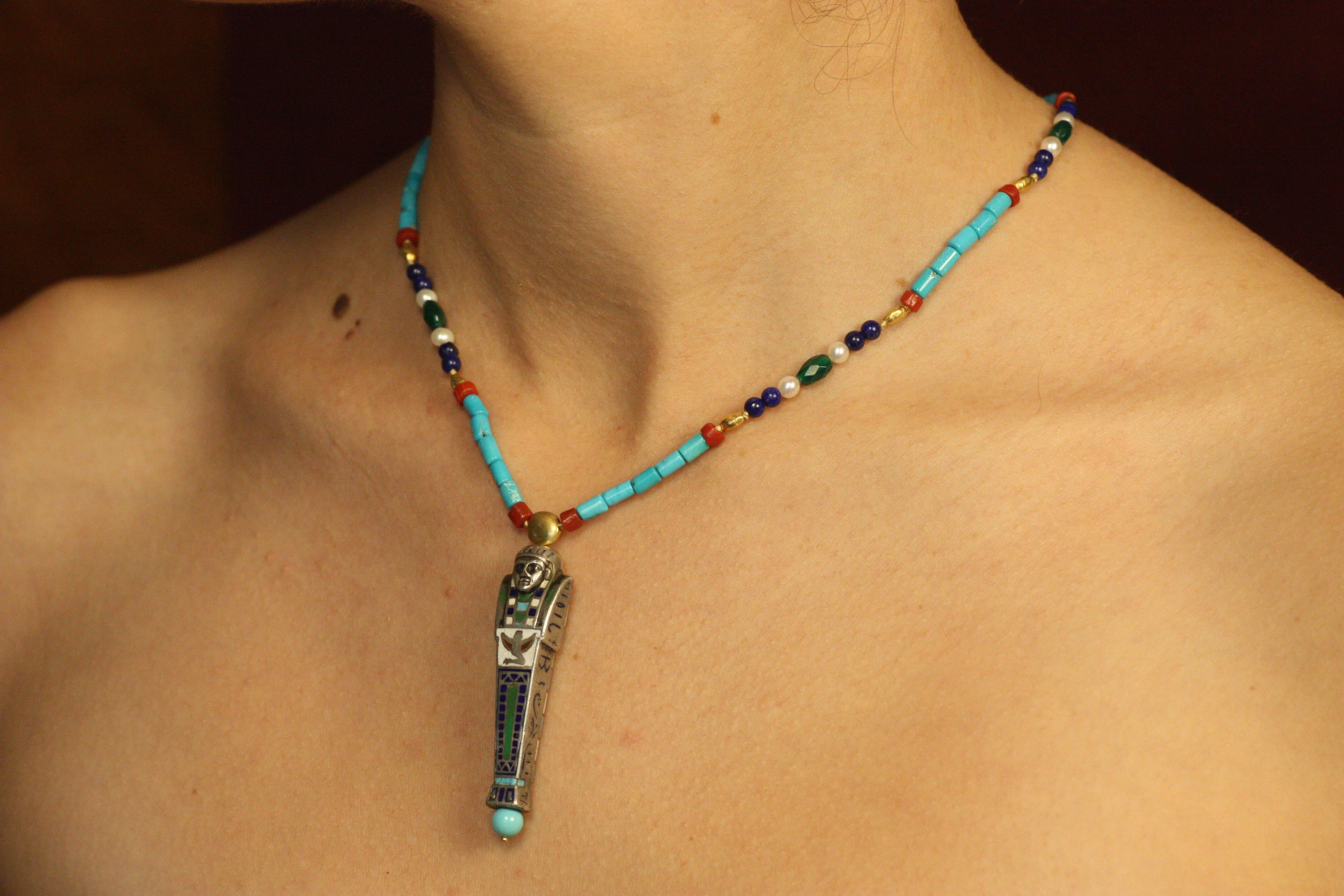 Silver Mummy Necklace – Egyptian Revival, Gold Nuggets, Turquoise, Coral, Agate For Sale 6