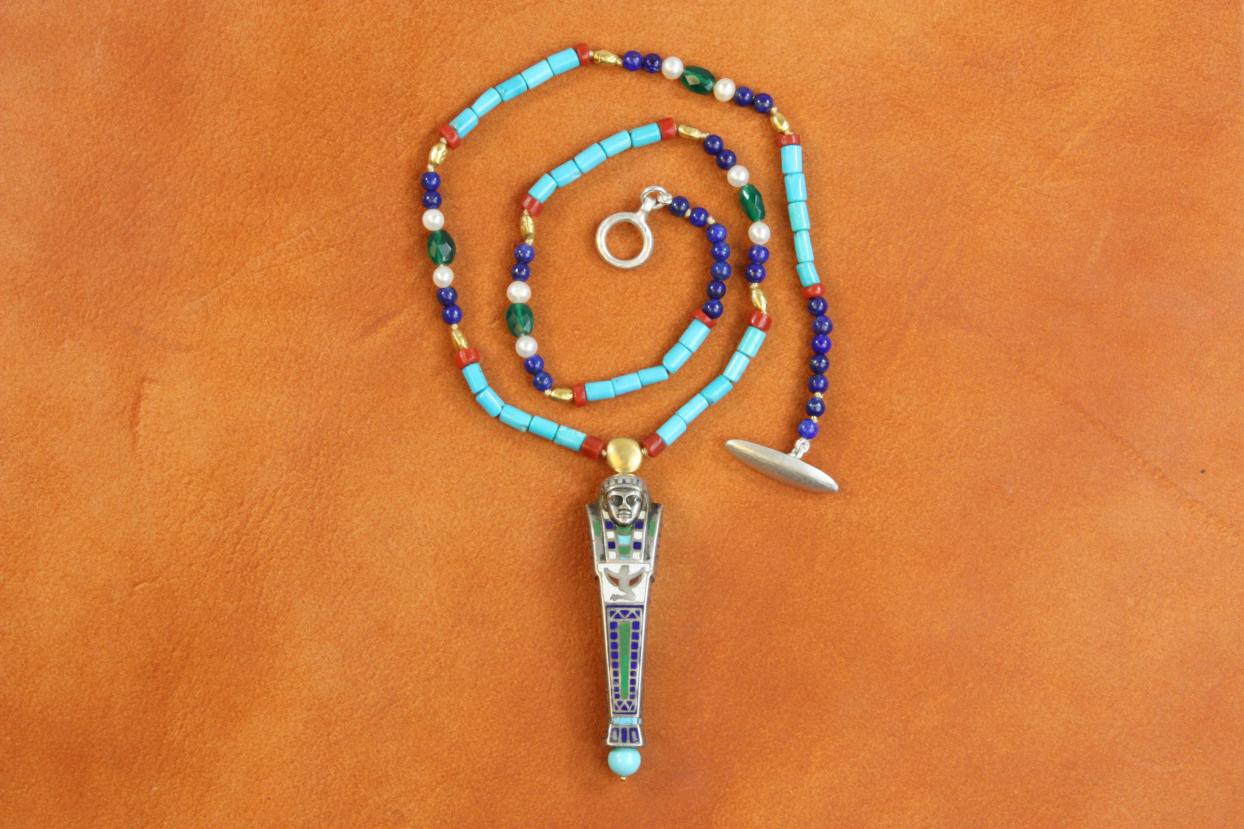 Bead Silver Mummy Necklace – Egyptian Revival, Gold Nuggets, Turquoise, Coral, Agate For Sale