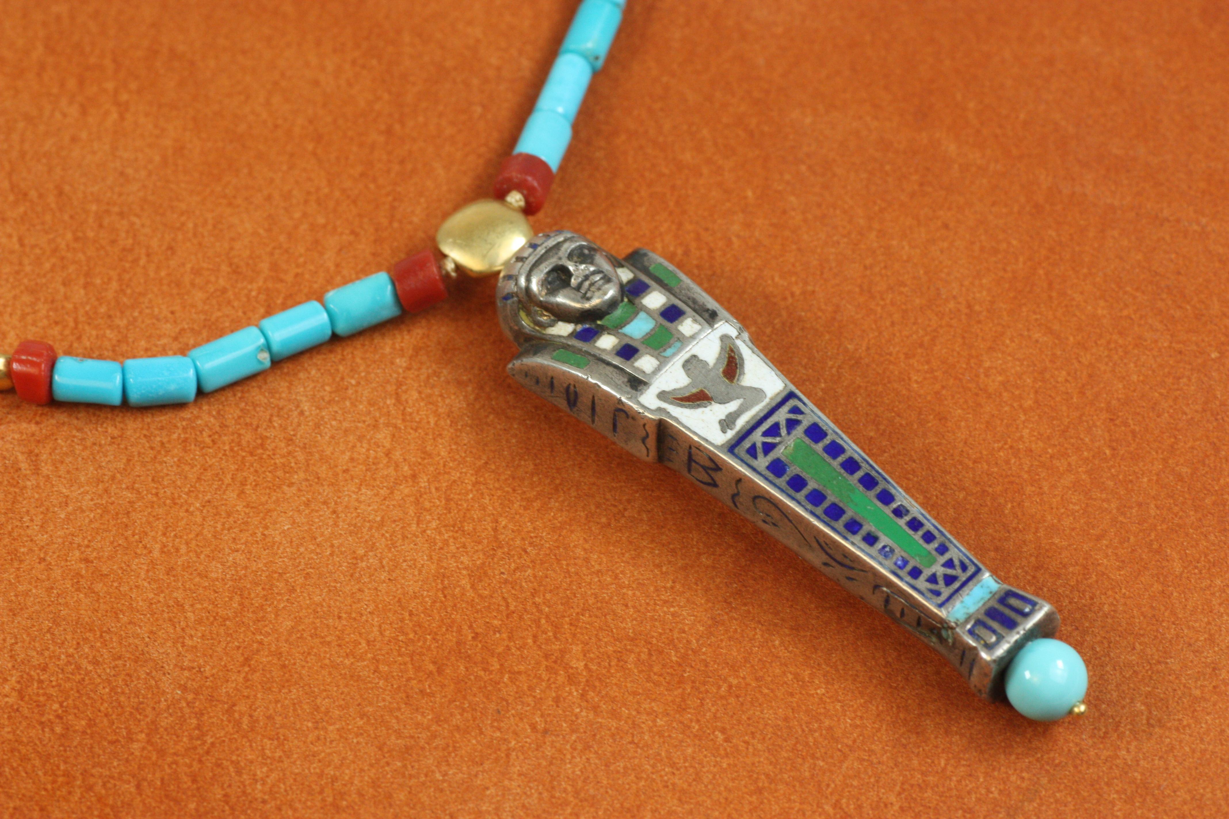Silver Mummy Necklace – Egyptian Revival, Gold Nuggets, Turquoise, Coral, Agate In New Condition For Sale In Santa Monica, CA