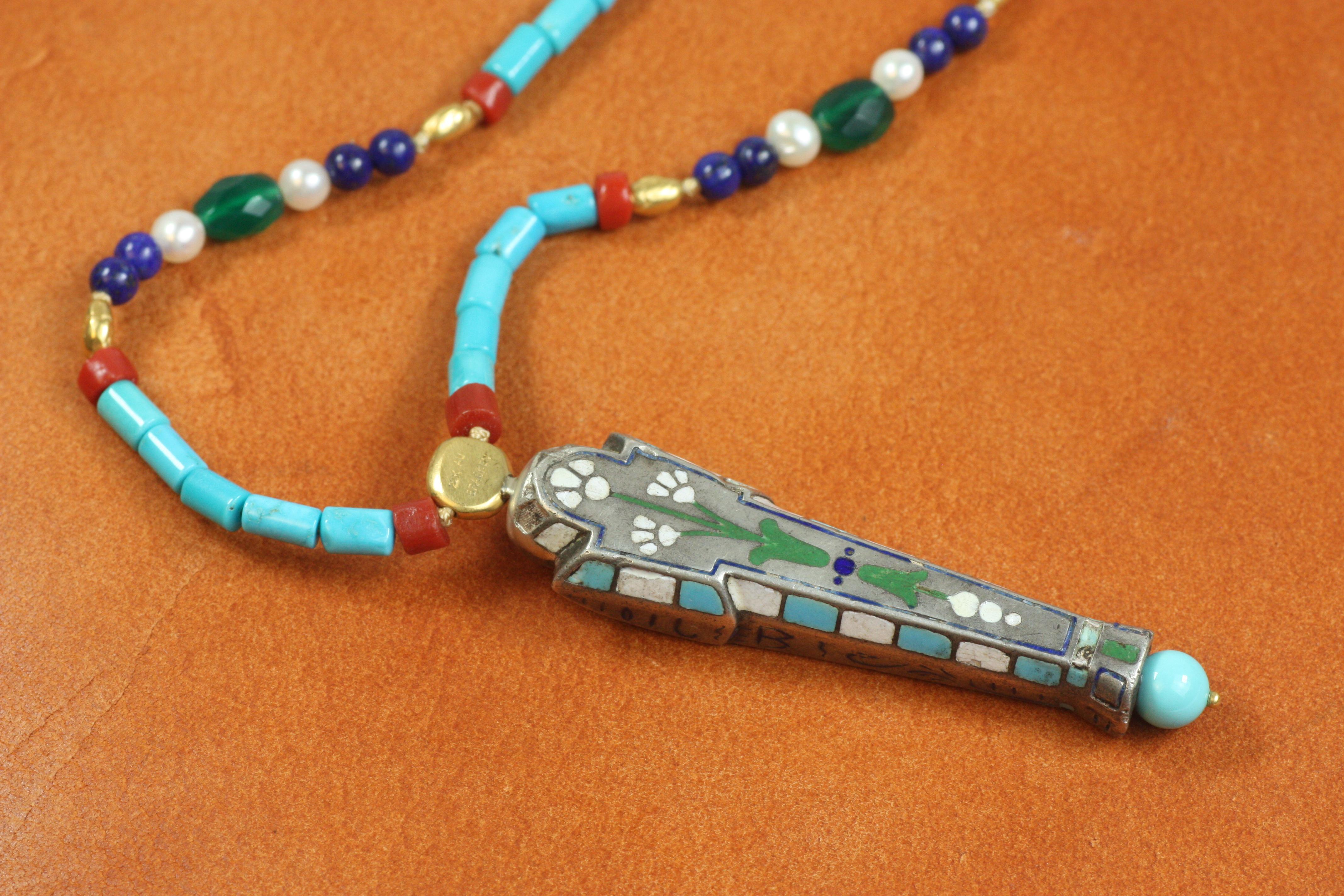 Women's or Men's Silver Mummy Necklace – Egyptian Revival, Gold Nuggets, Turquoise, Coral, Agate For Sale