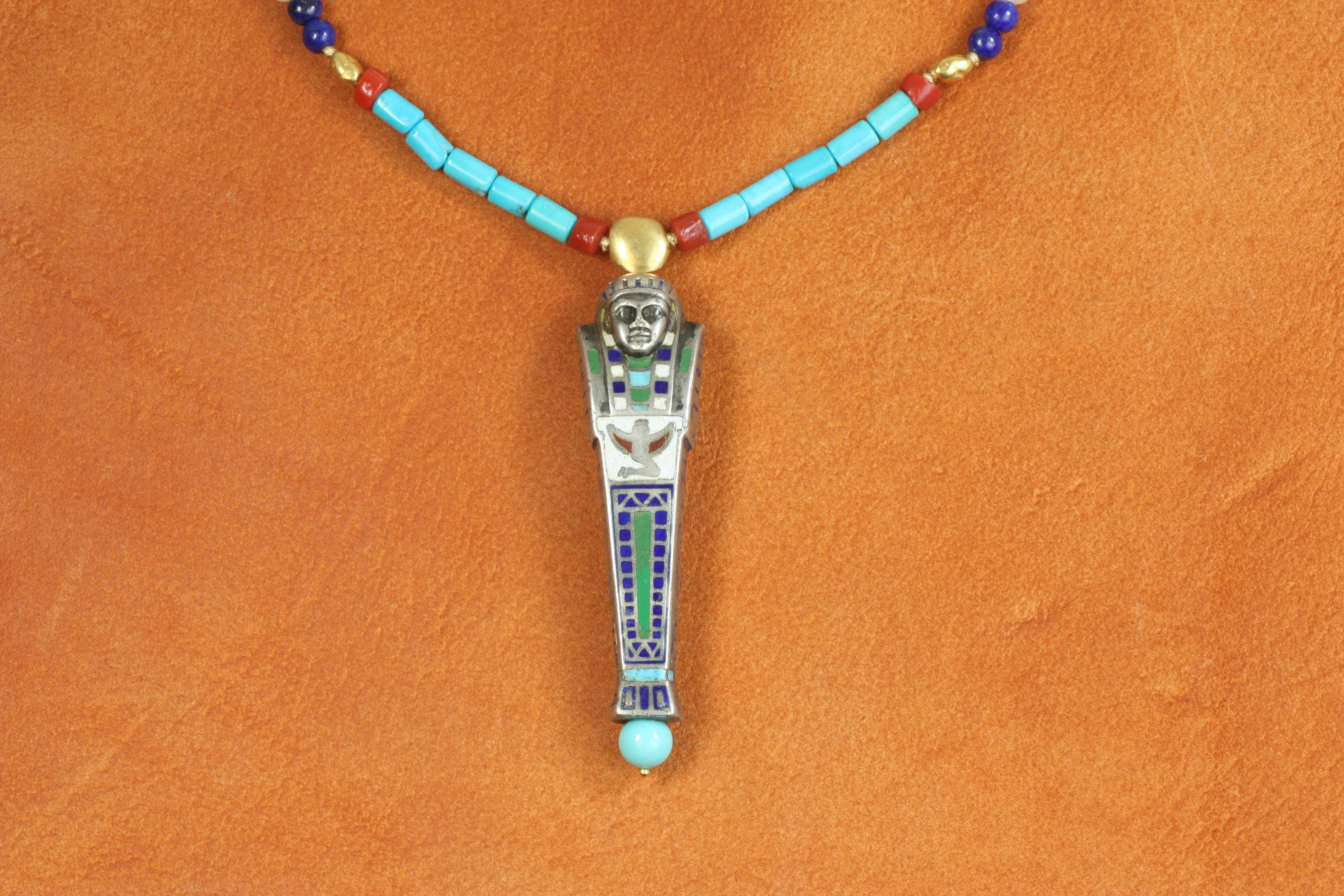 Silver Mummy Necklace – Egyptian Revival, Gold Nuggets, Turquoise, Coral, Agate For Sale 1