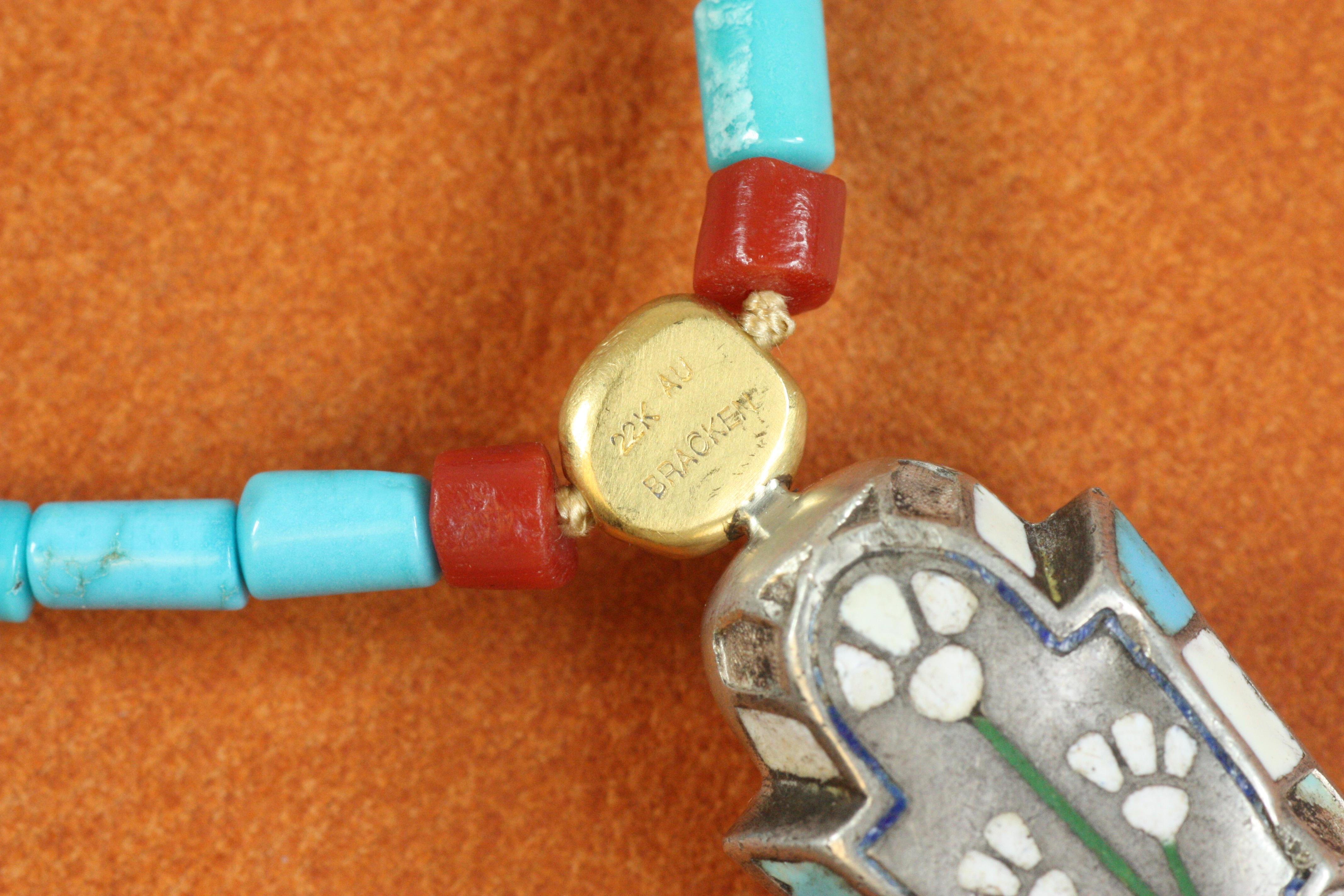 Silver Mummy Necklace – Egyptian Revival, Gold Nuggets, Turquoise, Coral, Agate For Sale 2