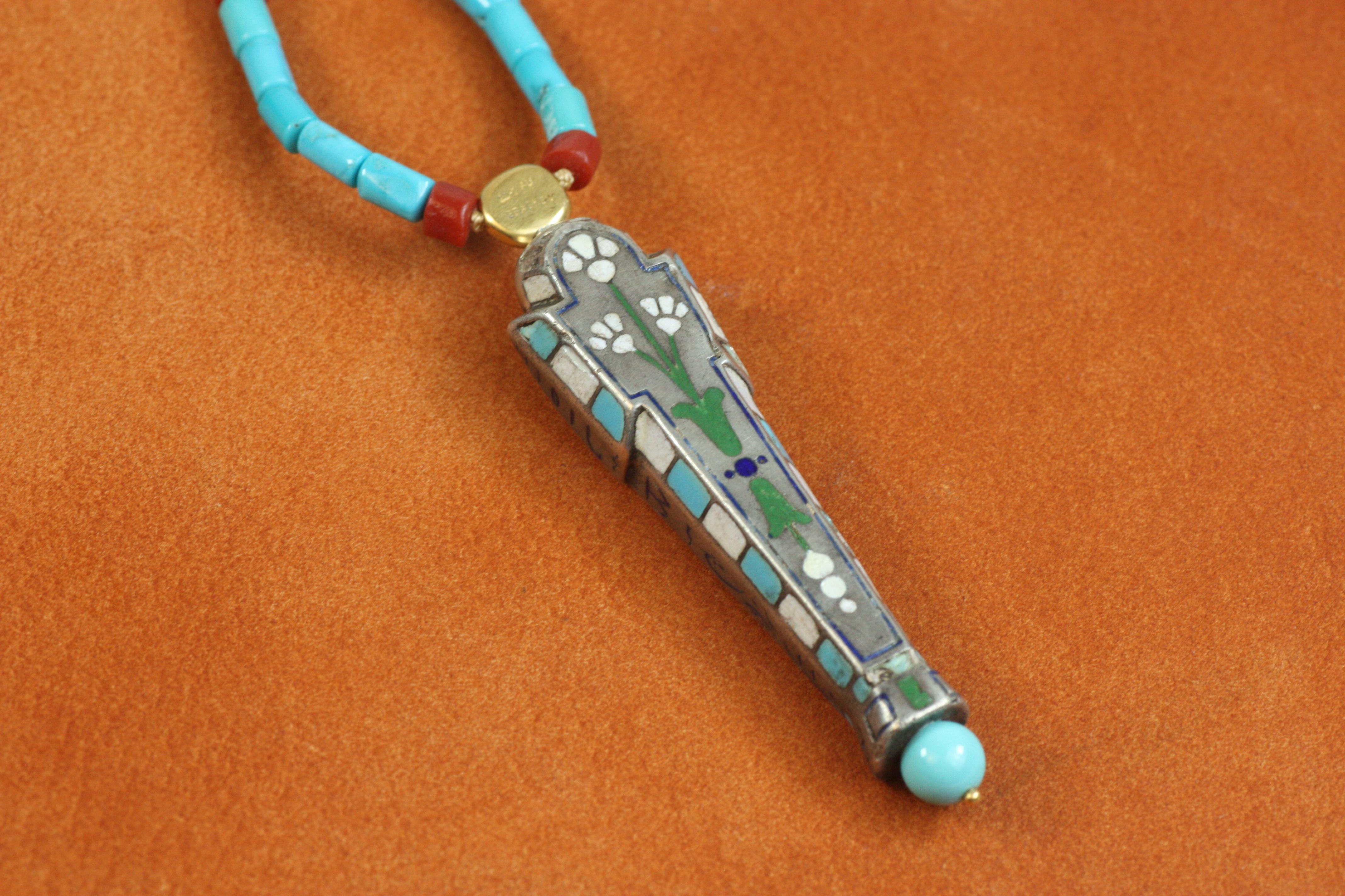 Silver Mummy Necklace – Egyptian Revival, Gold Nuggets, Turquoise, Coral, Agate For Sale 5