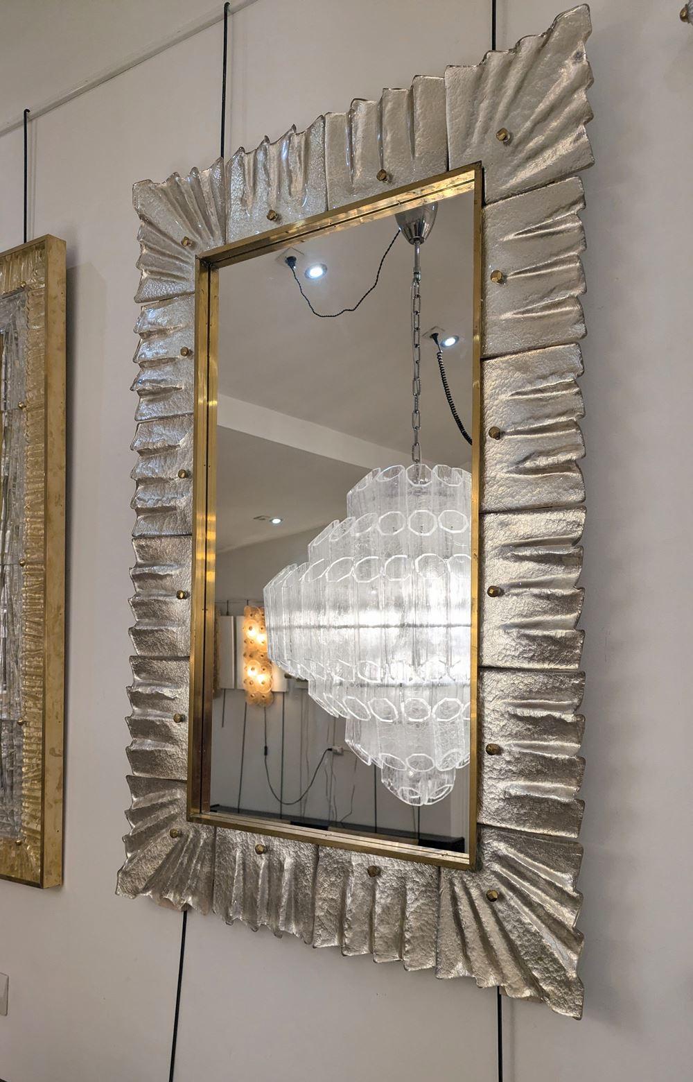 Italian Silver Murano Glass and Brass Mirror For Sale