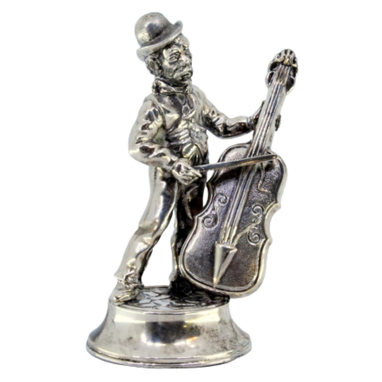 Silver musician playing cello standing on a round, beaded base