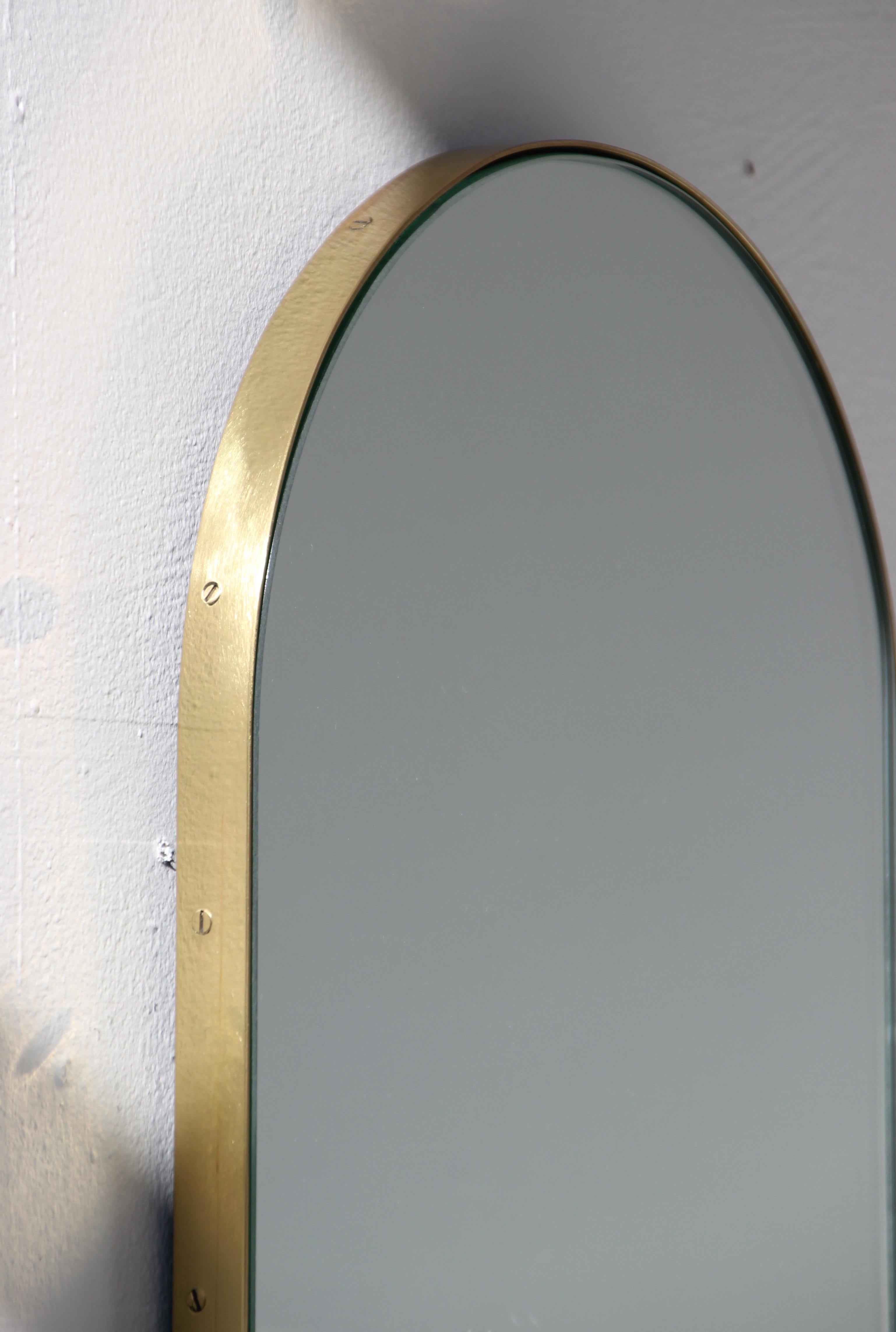 Brushed Capsula Capsule Pill Shaped Contemporary Mirror with Brass Frame, Small For Sale
