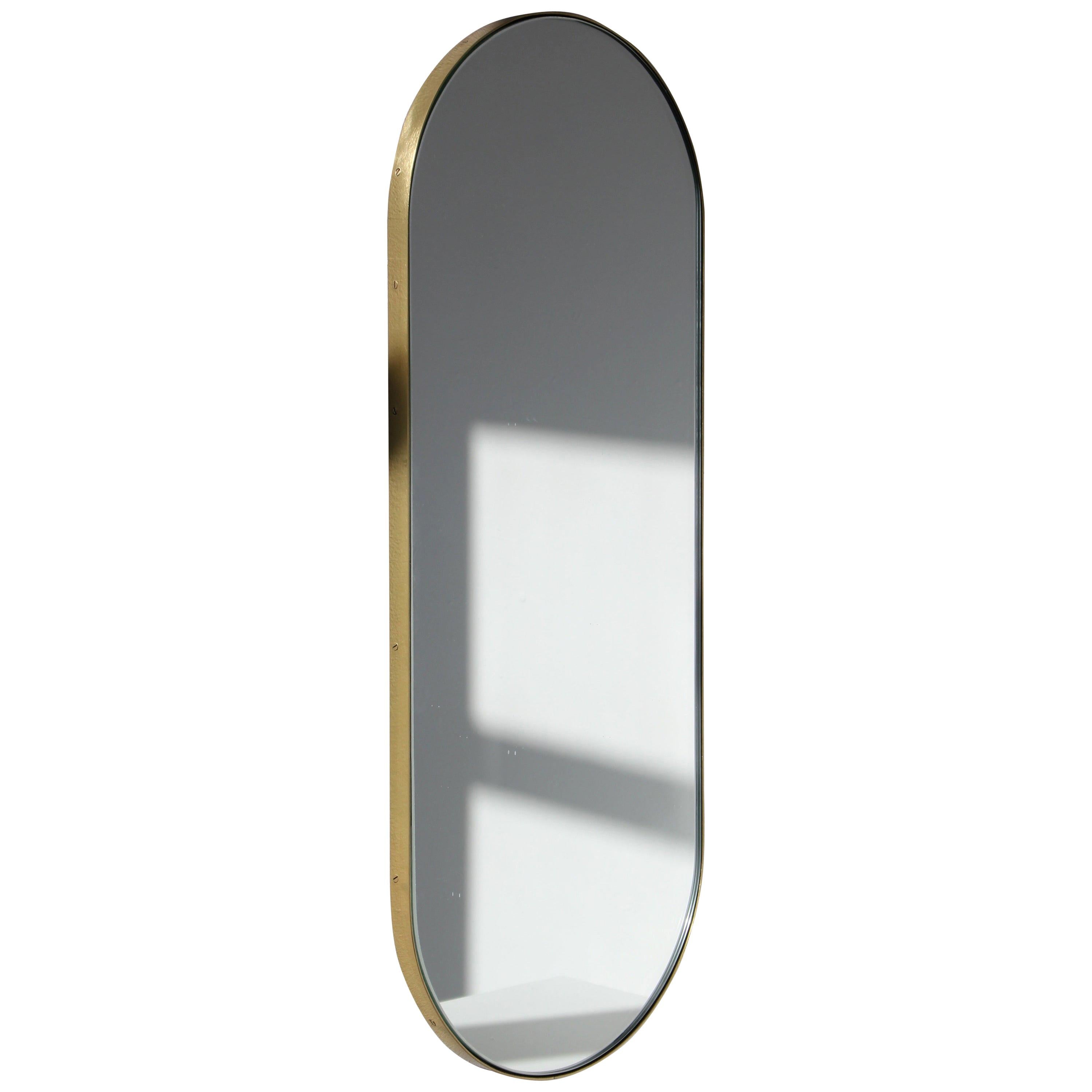 Capsula Capsule Pill Shaped Contemporary Mirror with Brass Frame, Small For Sale