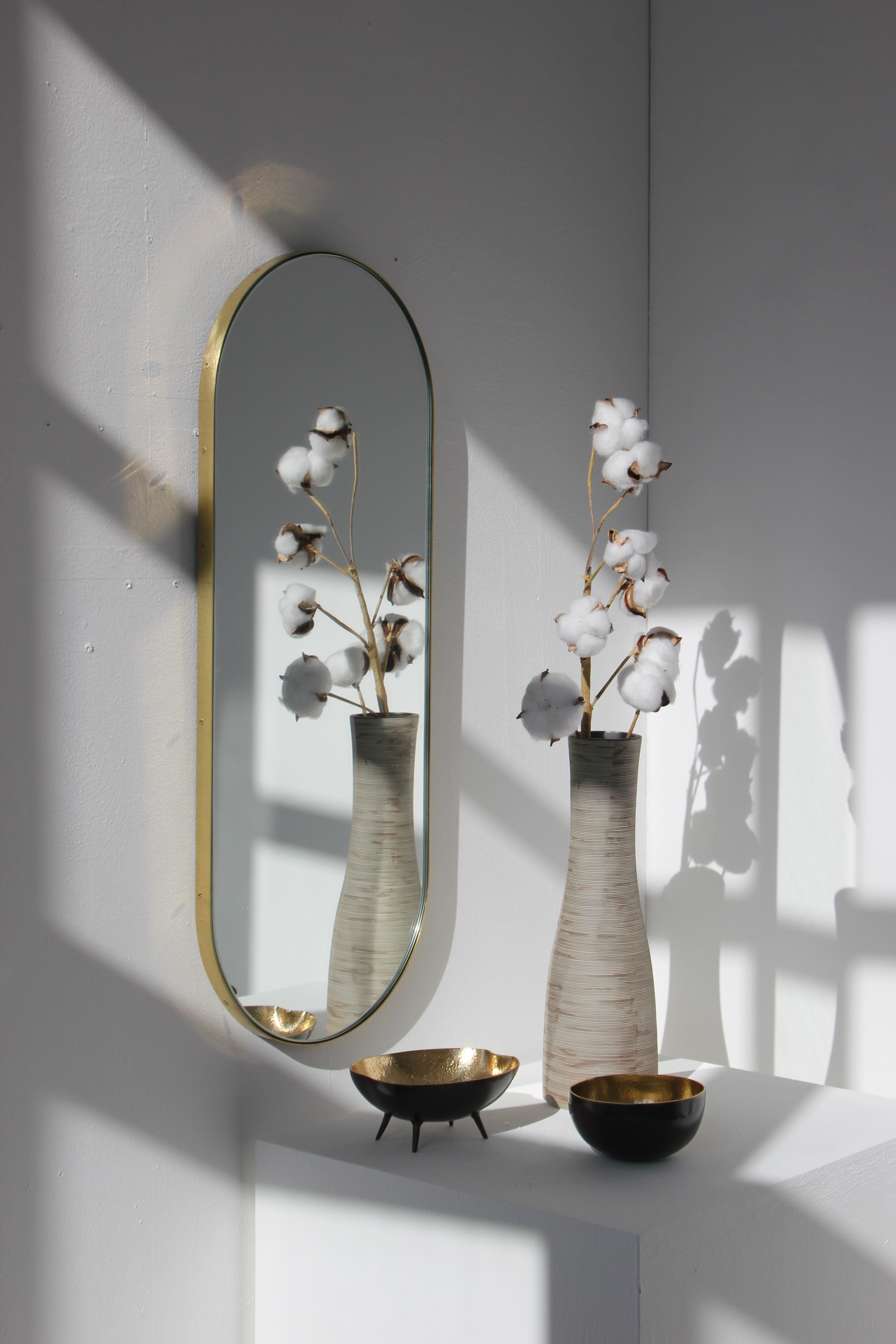 Organic Modern Silver Narrow Capsula Mirror with a Brass Frame