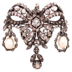 Silver Natural Pearl Diamond Bow Brooch, GIA