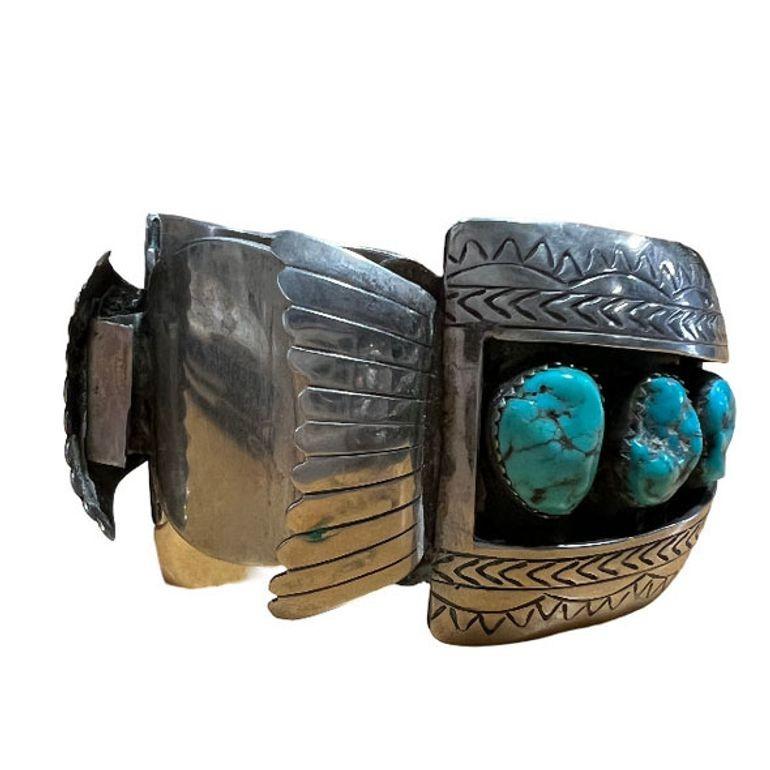 American Silver Navajo Watchband Cuff w/ Bisbee Torqouise, Hyson Craig Style For Sale