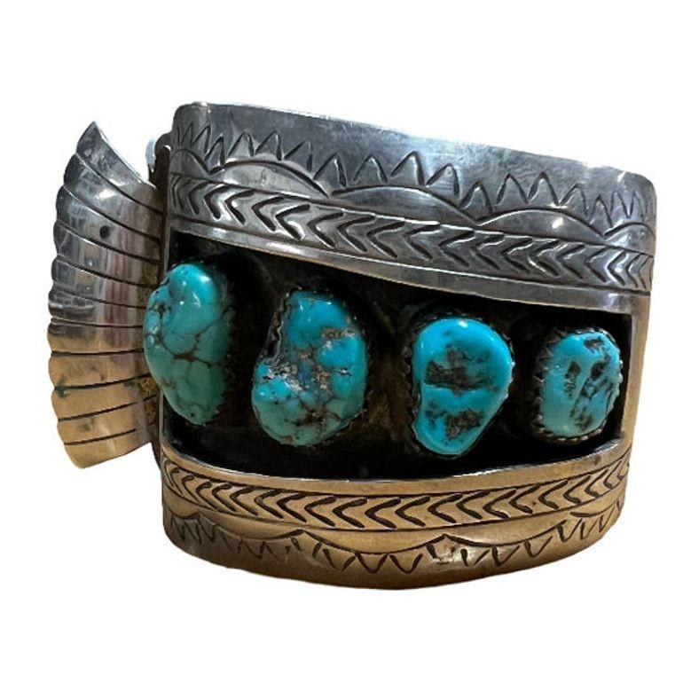 Silver Navajo Watchband Cuff w/ Bisbee Torqouise, Hyson Craig Style In Excellent Condition For Sale In Van Nuys, CA