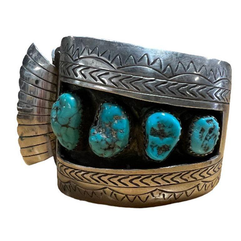 Manchette de montre Navajo en argent avec Bisbee Torqouise, style Hyson Craig Excellent état - En vente à Van Nuys, CA