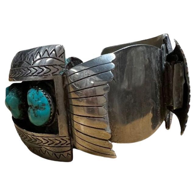 Silver Navajo Watchband Cuff w/ Bisbee Torqouise, Hyson Craig Style For Sale