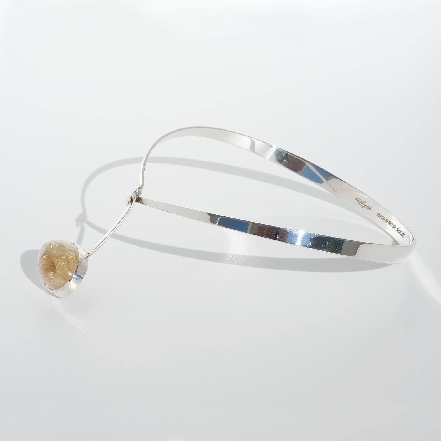 Silver Neck ring with a Cabochon Cut Rutile Quartz by Gert Thysell. Year 1967 In Good Condition In Stockholm, SE