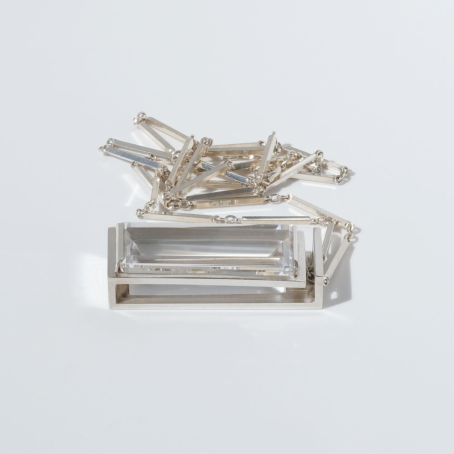 Square Cut Silver Necklace with a Rock Crystal Pendant by Swedish Atelje Stigbert Year 1967 For Sale
