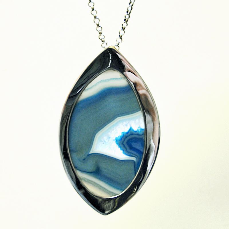 Scandinavian Modern Silver Necklace with Blue Agate Stone by Marianne Berg, Norway, 1960s