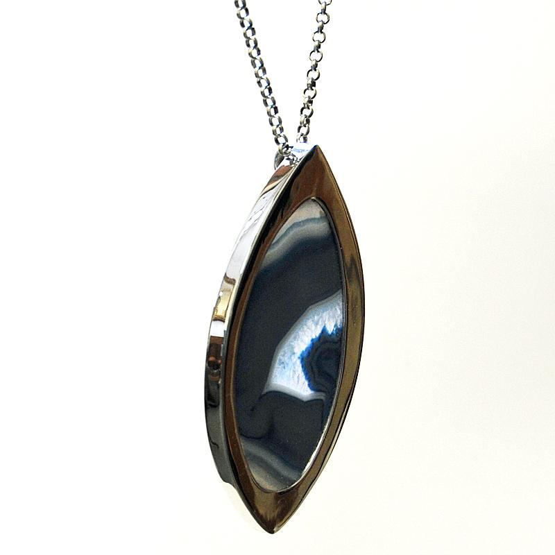 Norwegian Silver Necklace with Blue Agate Stone by Marianne Berg, Norway, 1960s