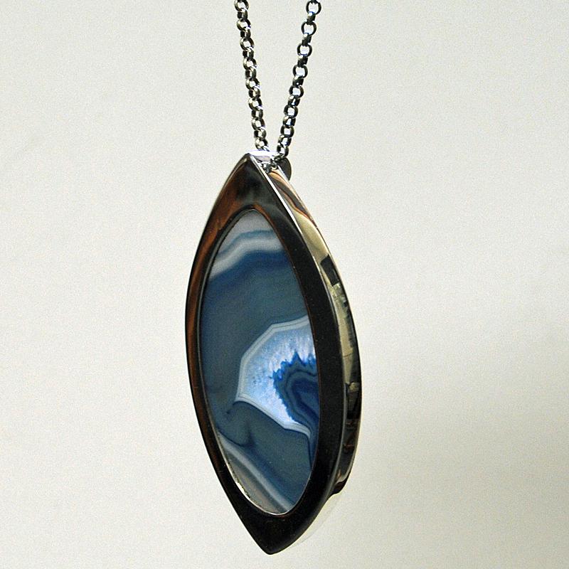 Polished Silver Necklace with Blue Agate Stone by Marianne Berg, Norway, 1960s